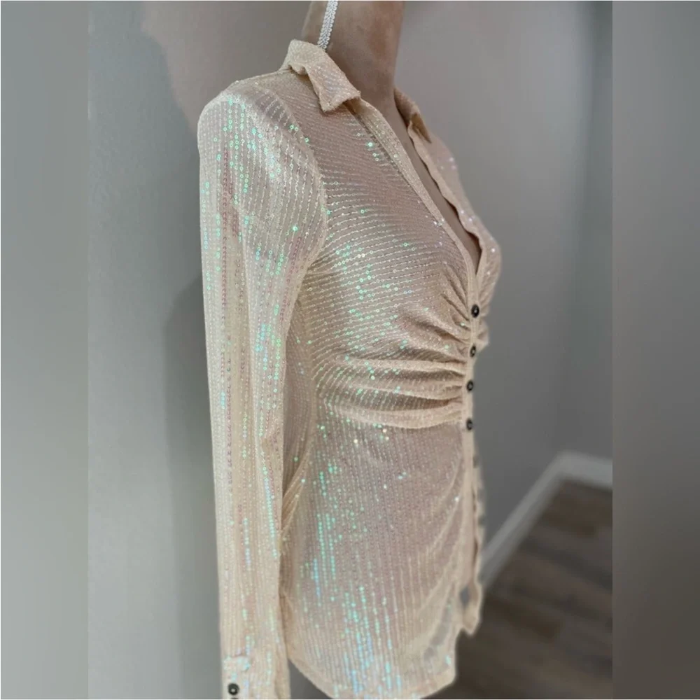 NWT Free People Ivory Sequin Button-Down Blouse - Picture 3 of 7